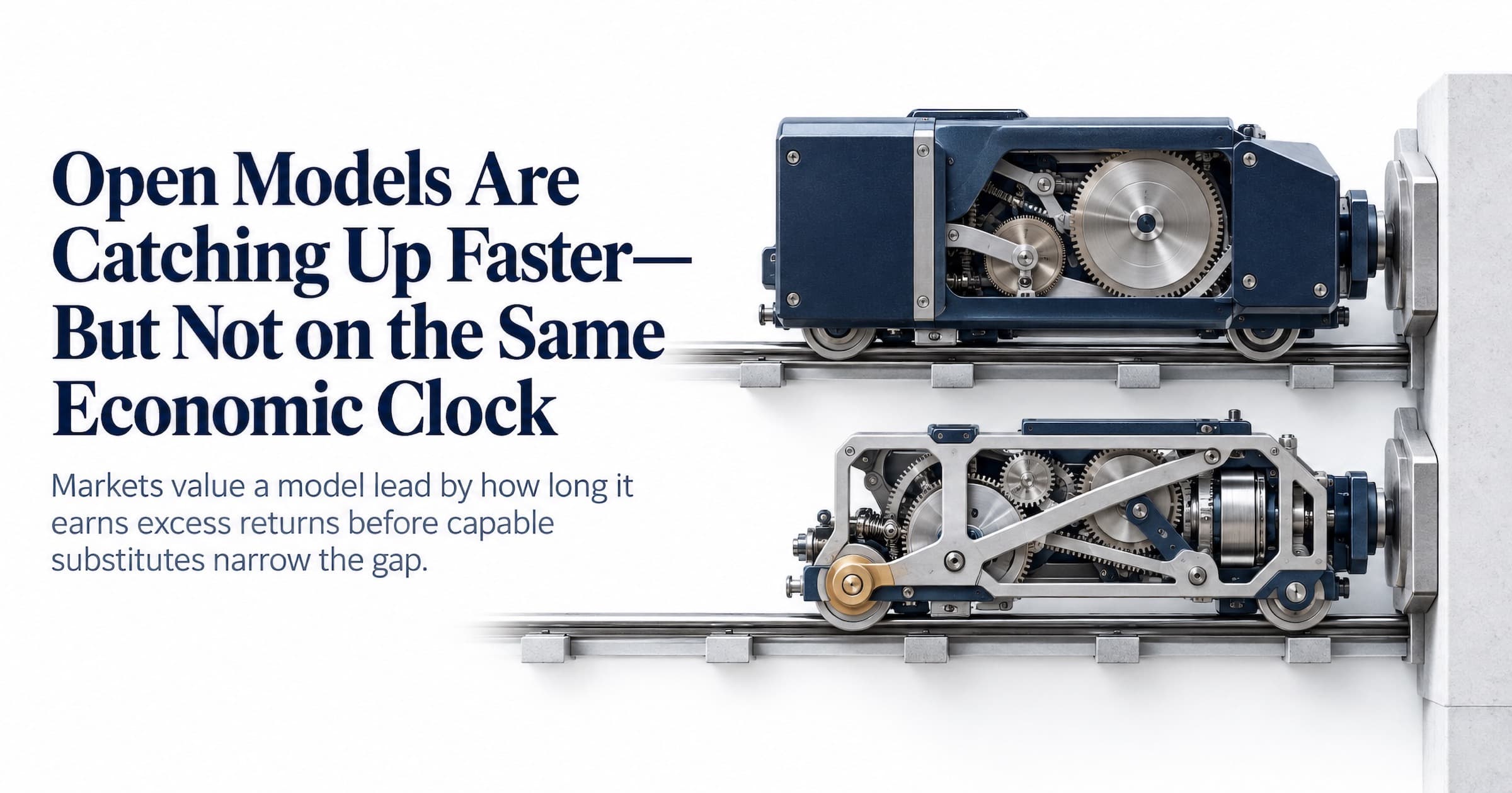 Two exposed mechanical drive units on parallel rails illustrate AI models operating on different economic clocks.